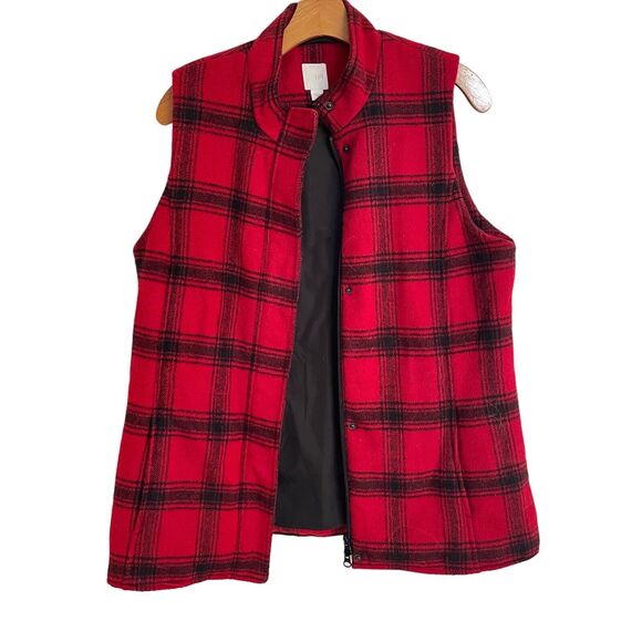 J.Jill Vest Size S Red and Black Buffalo Plaid Wool Blend Warm Full Zip Snap - Picture 2 of 8